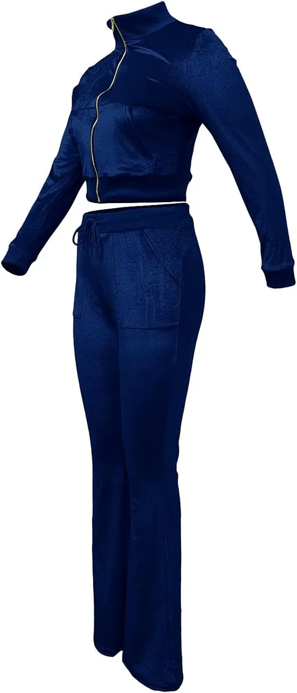 Chatinction Women's 2 Piece Outfit Velour Zip Up Crop Jacket and Bell Bottoms Long Pants with Pockets Tracksuit Set