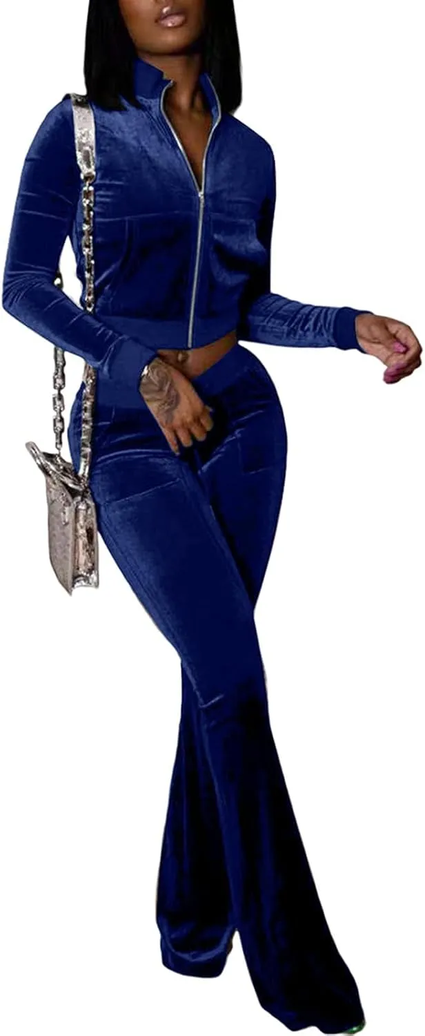 Chatinction Women's 2 Piece Outfit Velour Zip Up Crop Jacket and Bell Bottoms Long Pants with Pockets Tracksuit Set