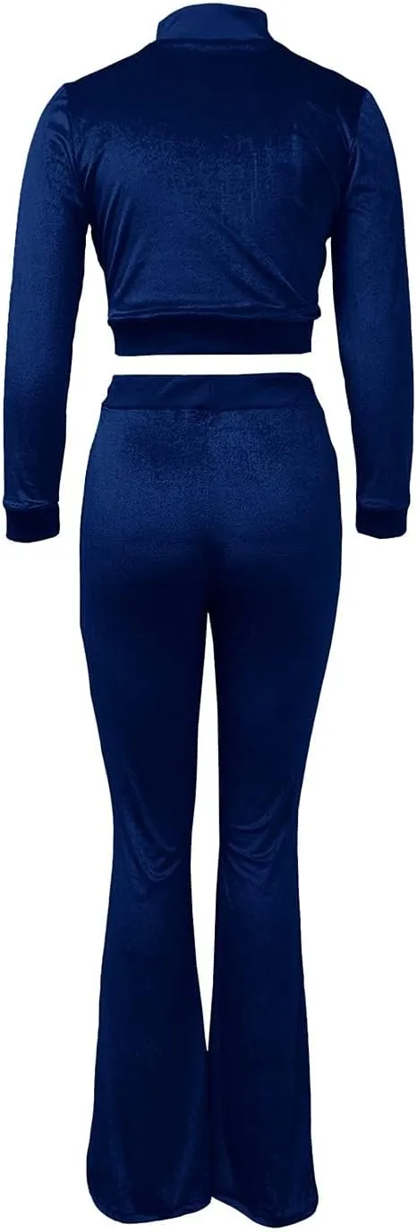 Chatinction Women's 2 Piece Outfit Velour Zip Up Crop Jacket and Bell Bottoms Long Pants with Pockets Tracksuit Set