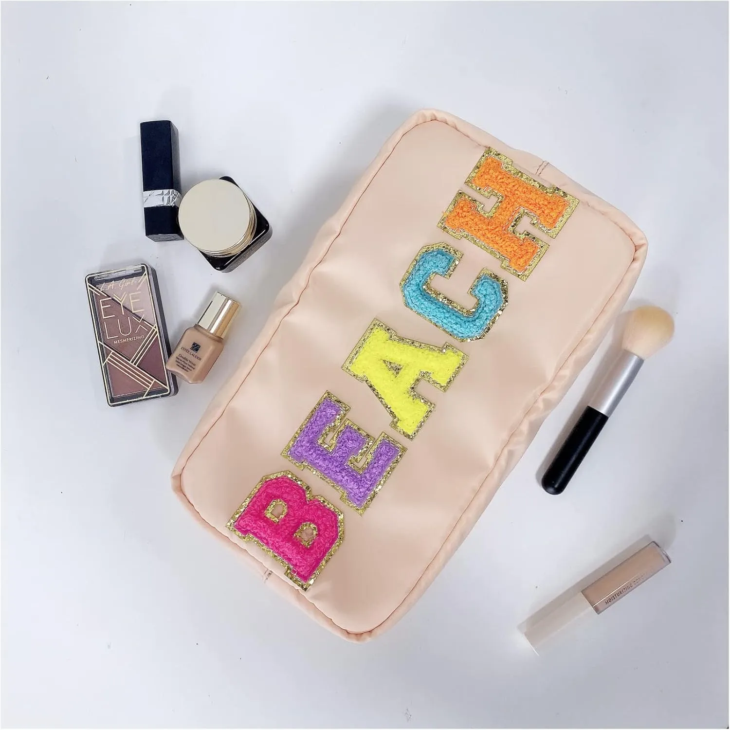 Chenille Letter Bag Nylon Cosmetic Bag with Varsity Patch Makeup Pouch Bag Bridesmaid Gift Toiletry Bag For Travel