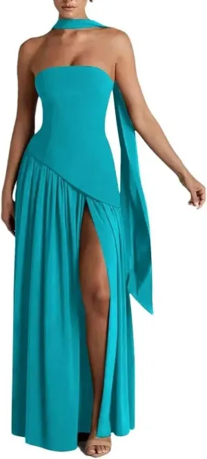 Chiffon Bridesmaid Dresses with Scarf Long Strapless Formal Evening Dress Hi017