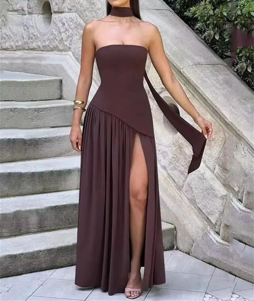 Chiffon Bridesmaid Dresses with Scarf Long Strapless Formal Evening Dress Hi017