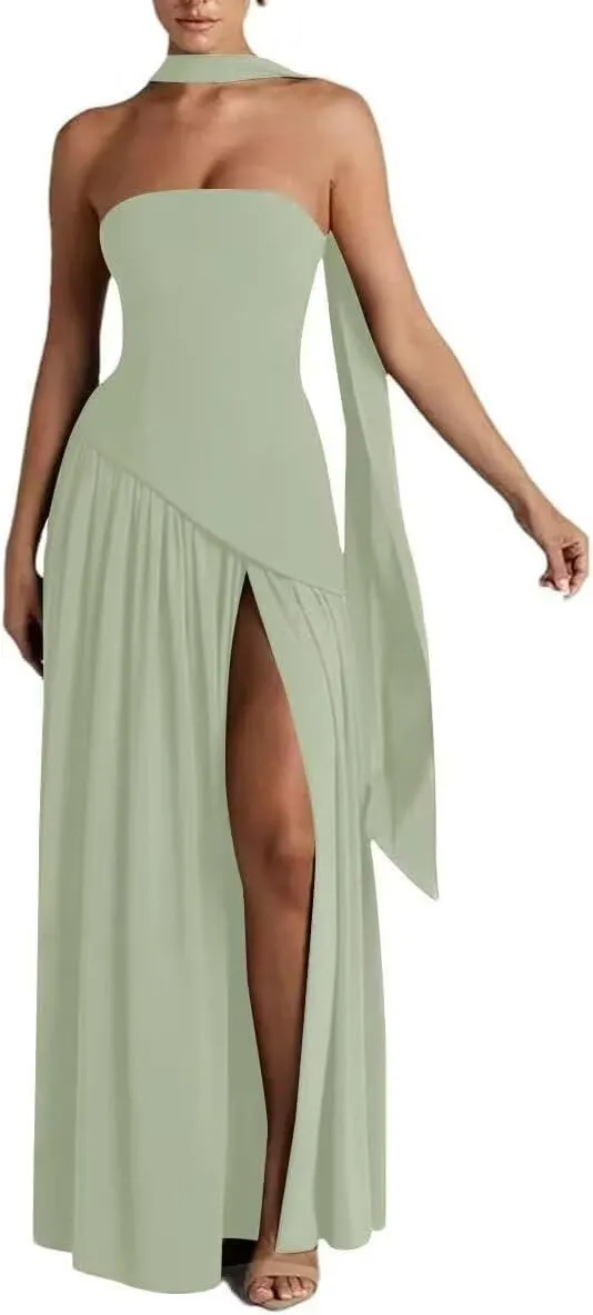 Chiffon Bridesmaid Dresses with Scarf Long Strapless Formal Evening Dress Hi017