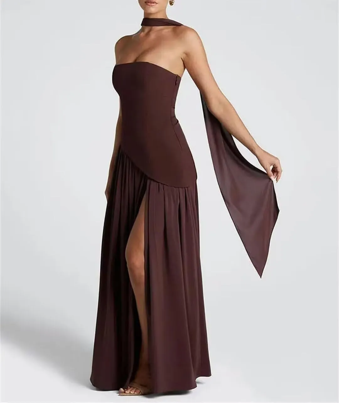 Chiffon Bridesmaid Dresses with Scarf Long Strapless Formal Evening Dress Hi017