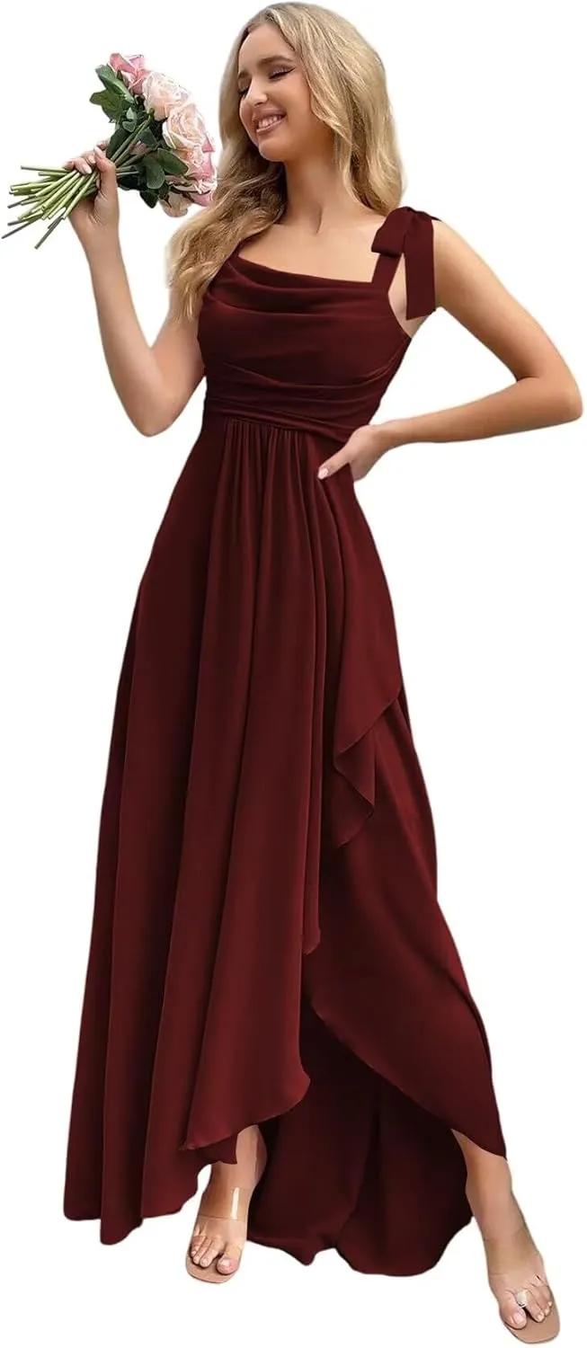 Chiffon Bridesmaid Dresses with Slit Scoop Neck Pleated Formal Evening Dress Hi002