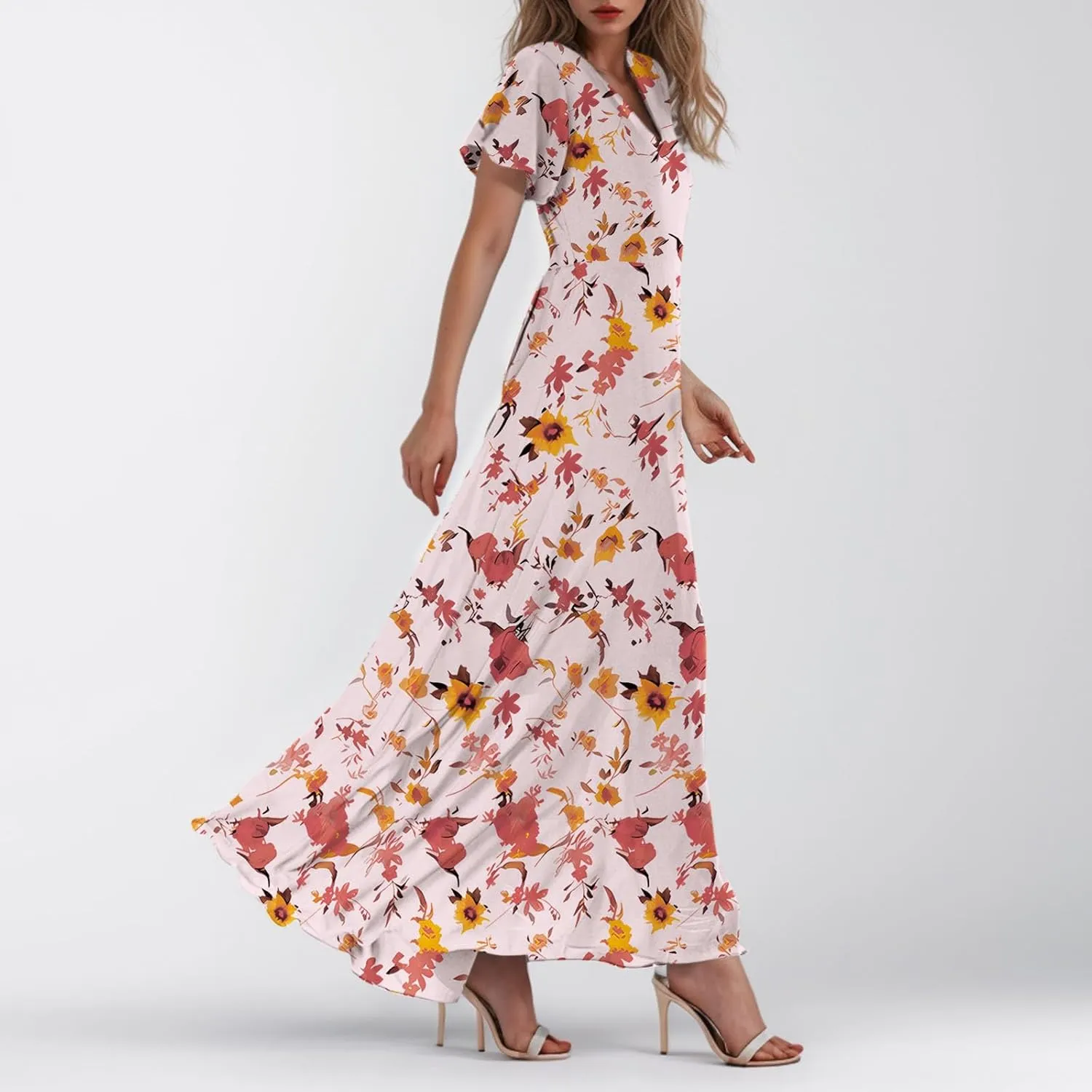 Chiffon Dress for Women Summer Bohemian Floral Printed Maxi Dresses Garden Party Swing Flowy Short Sleeve Dress