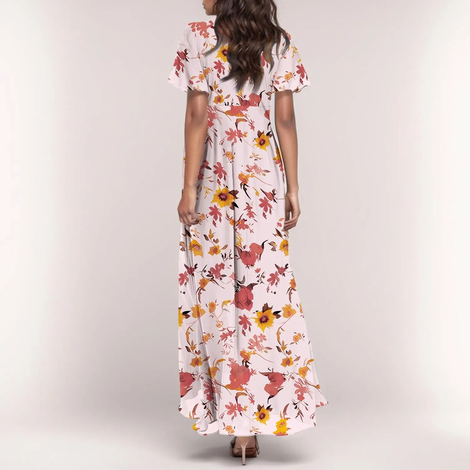 Chiffon Dress for Women Summer Bohemian Floral Printed Maxi Dresses Garden Party Swing Flowy Short Sleeve Dress