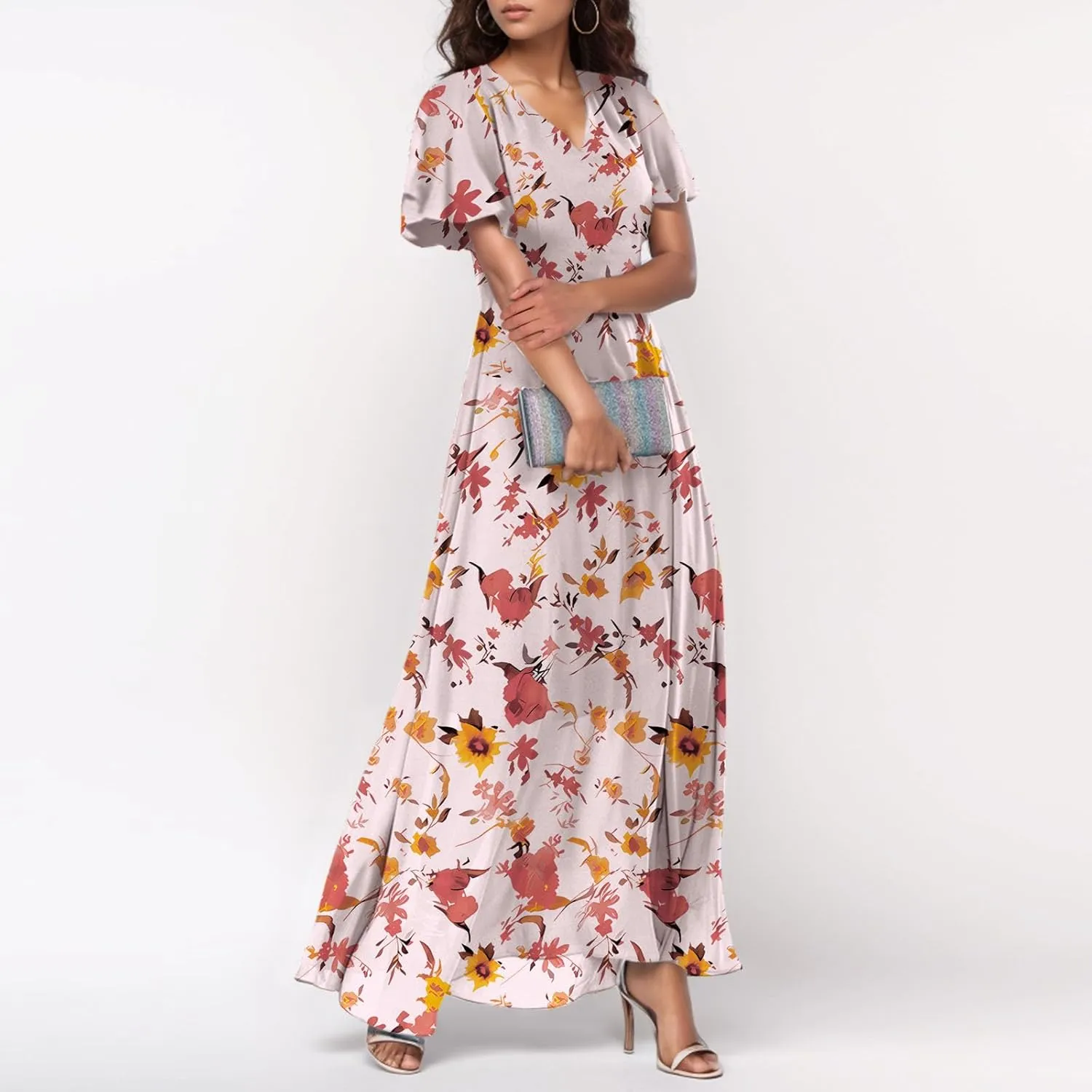 Chiffon Dress for Women Summer Bohemian Floral Printed Maxi Dresses Garden Party Swing Flowy Short Sleeve Dress