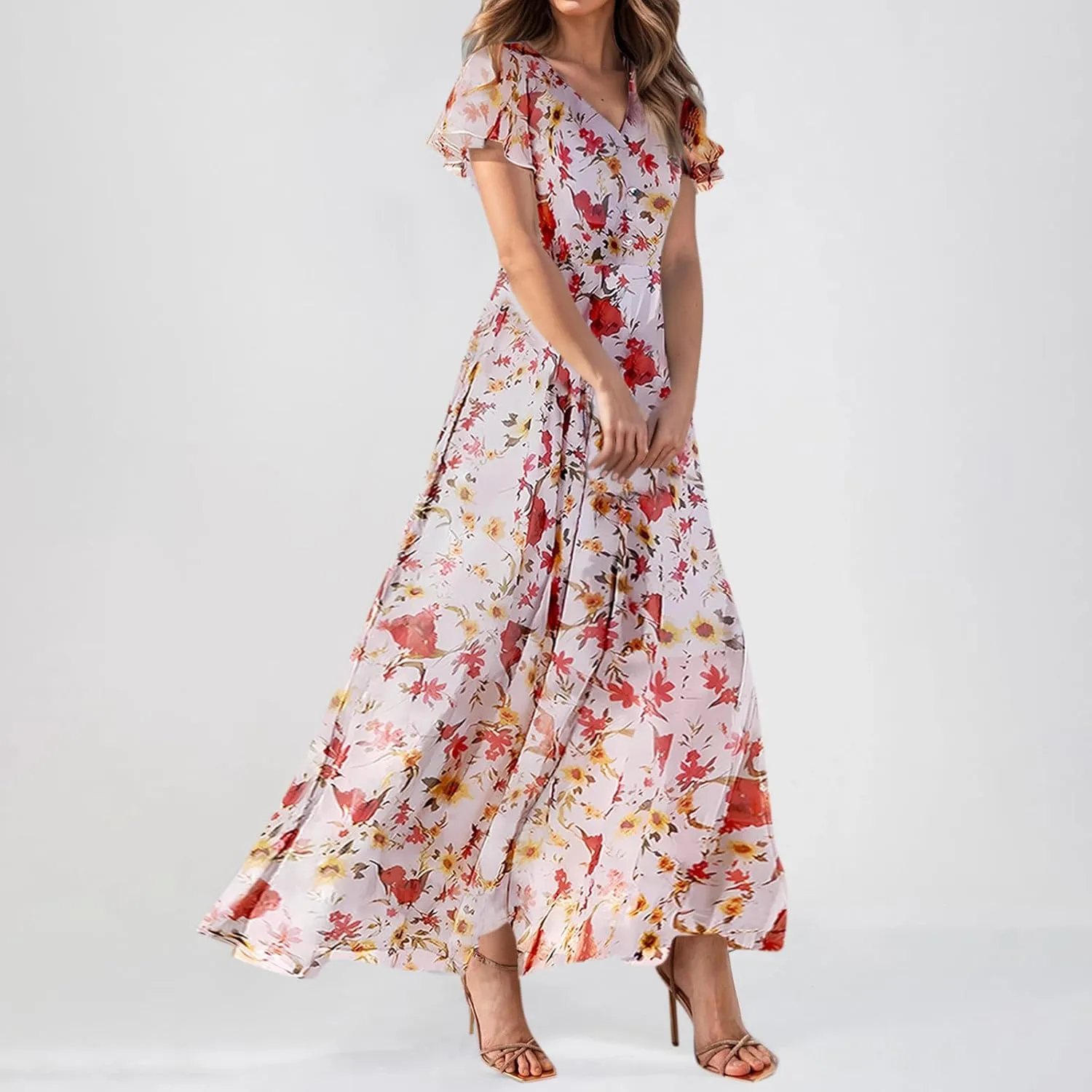 Chiffon Dress for Women Summer Bohemian Floral Printed Maxi Dresses Garden Party Swing Flowy Short Sleeve Dress
