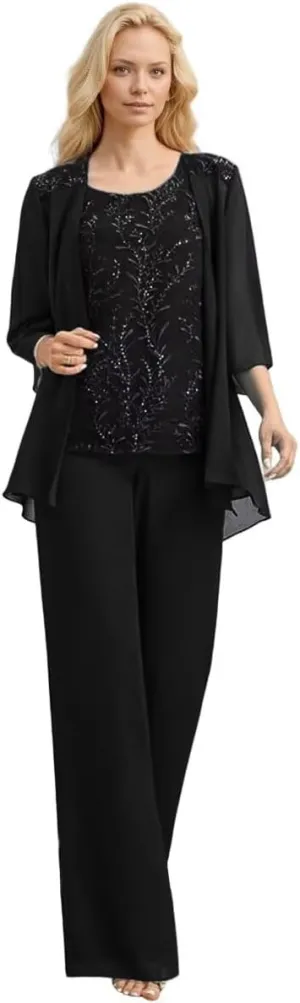 Chiffon Mother of The Bride Pant Suits Long Laces Appliques 3 Pieces Mother of The Groom Dresses