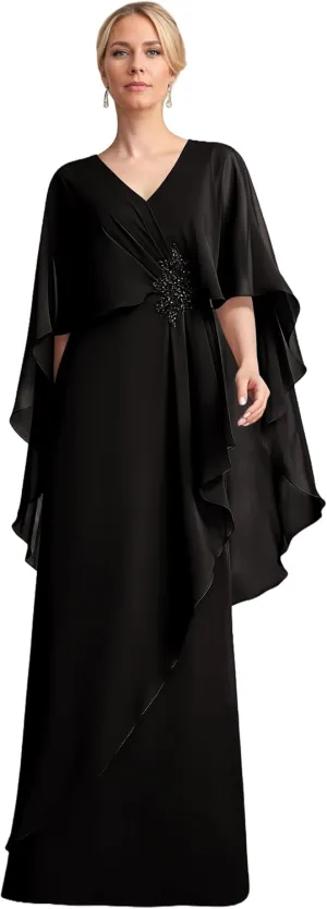 Chiffon Ruffles Mother of The Bride Dresses Long Cape Sleeve Appliques V-Neck Wedding Guest Dresses for Women UU173