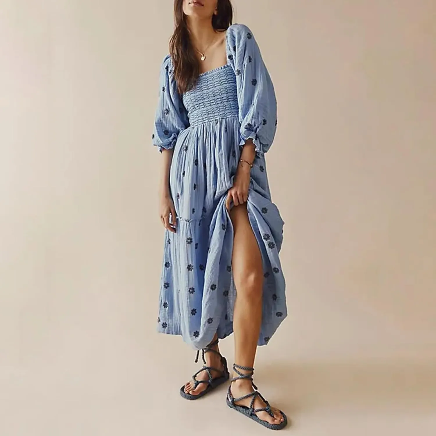 Chloefairy Fashion Women's 3D Floral Embroidered Maxi Dress Puff Sleeve Square Neck Tiered Flowy A-line Dress