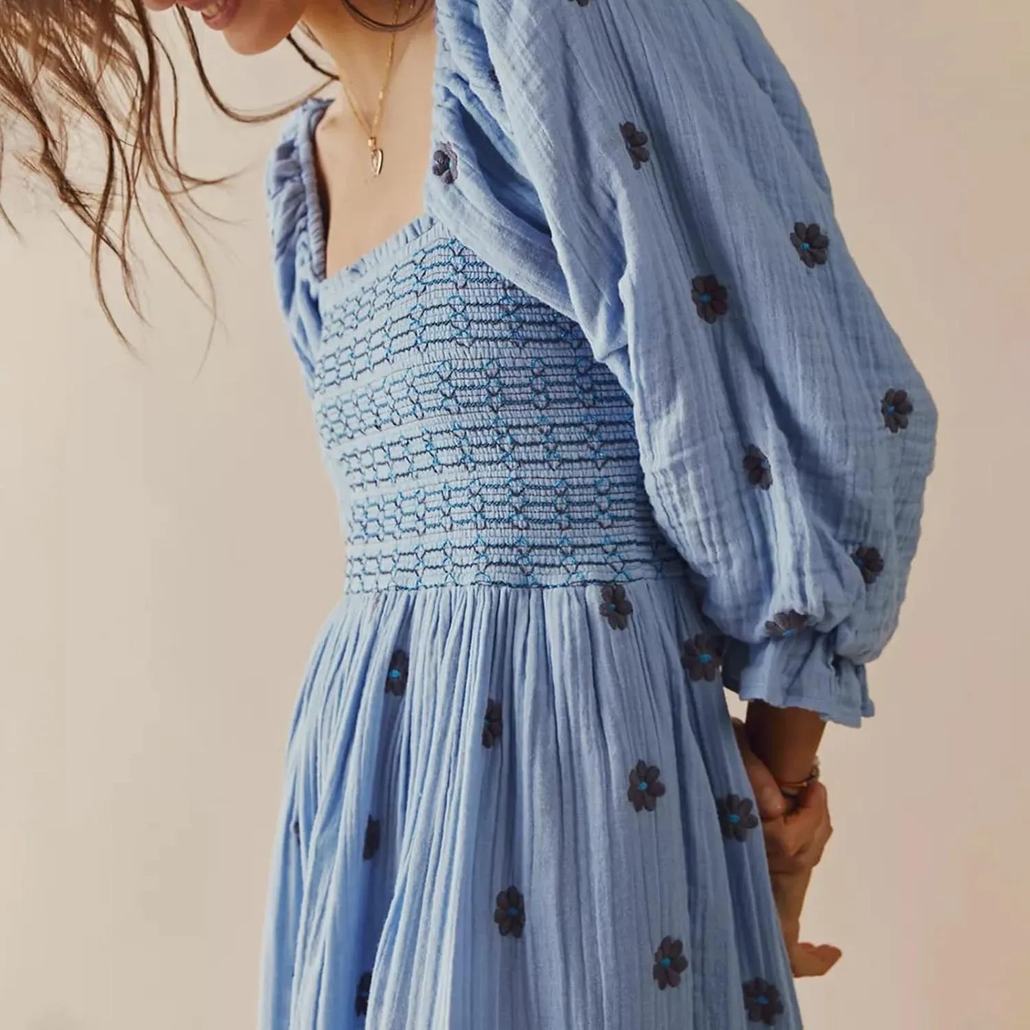 Chloefairy Fashion Women's 3D Floral Embroidered Maxi Dress Puff Sleeve Square Neck Tiered Flowy A-line Dress