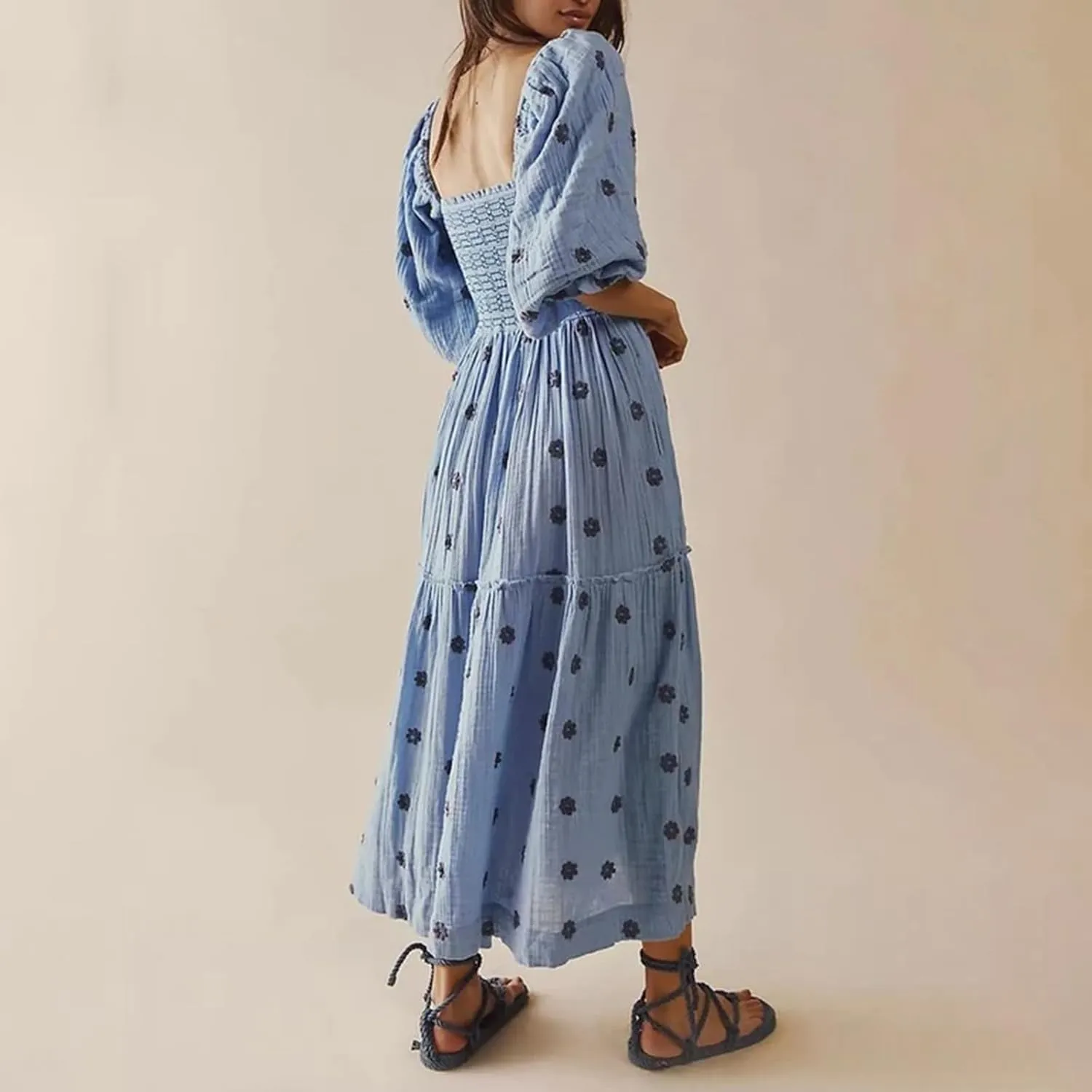 Chloefairy Fashion Women's 3D Floral Embroidered Maxi Dress Puff Sleeve Square Neck Tiered Flowy A-line Dress