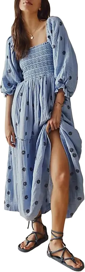 Chloefairy Fashion Women's 3D Floral Embroidered Maxi Dress Puff Sleeve Square Neck Tiered Flowy A-line Dress