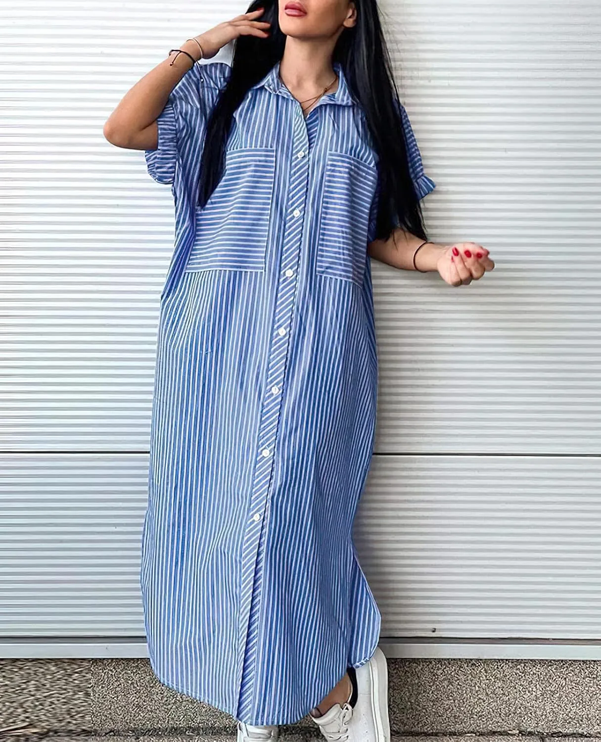 chouyatou Women Summer Batwing Sleeve Button Down Striped Shirt Dress Casual Maxi Long Beach Shift Dress