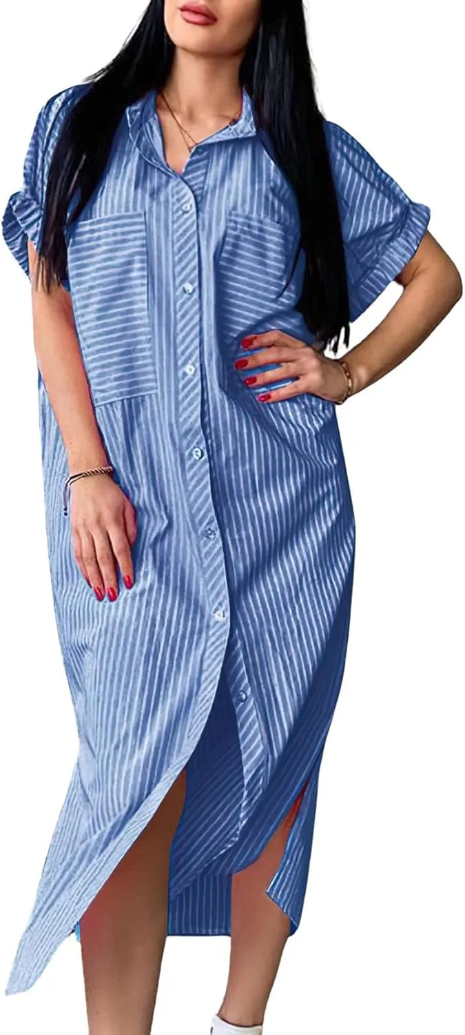 chouyatou Women Summer Batwing Sleeve Button Down Striped Shirt Dress Casual Maxi Long Beach Shift Dress
