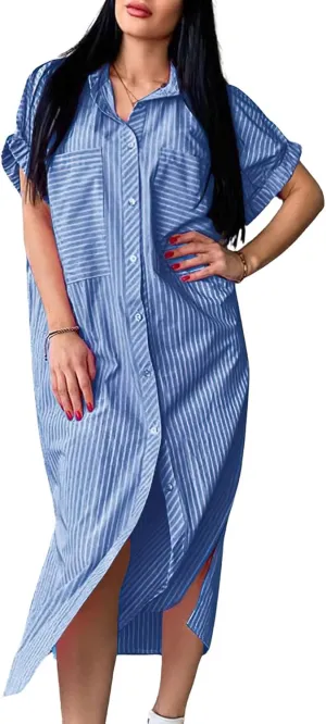 chouyatou Women Summer Batwing Sleeve Button Down Striped Shirt Dress Casual Maxi Long Beach Shift Dress