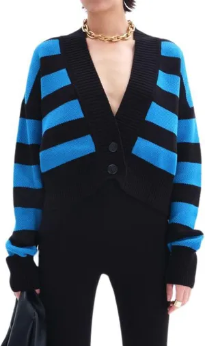 chouyatou Women's V-Neck Button Down Striped Cardigan Sweater Fall Cute Knit Crop Cardigan Top