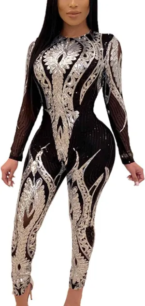 Cocoinsity Womens Skinny Jumpsuit Sequins Long Sleeve Rompers Paillette One Piece Jumpsuits
