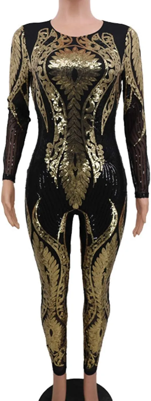 Cocoinsity Womens Skinny Jumpsuit Sequins Long Sleeve Rompers Paillette One Piece Jumpsuits