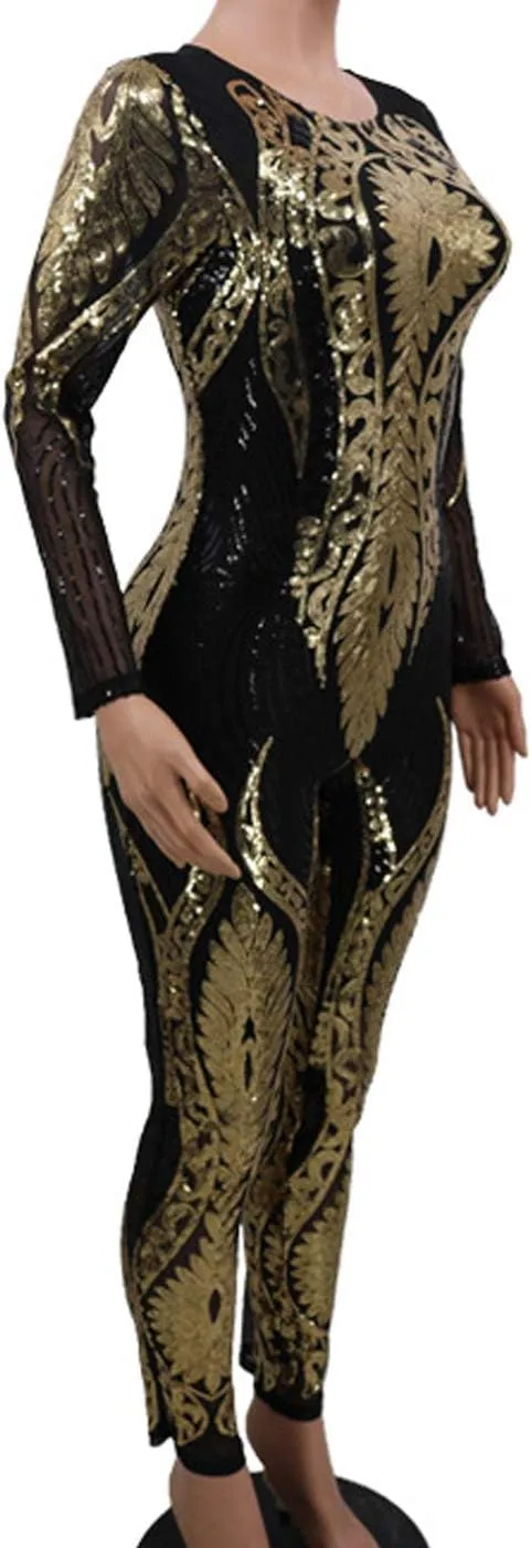 Cocoinsity Womens Skinny Jumpsuit Sequins Long Sleeve Rompers Paillette One Piece Jumpsuits