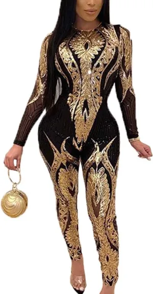 Cocoinsity Womens Skinny Jumpsuit Sequins Long Sleeve Rompers Paillette One Piece Jumpsuits