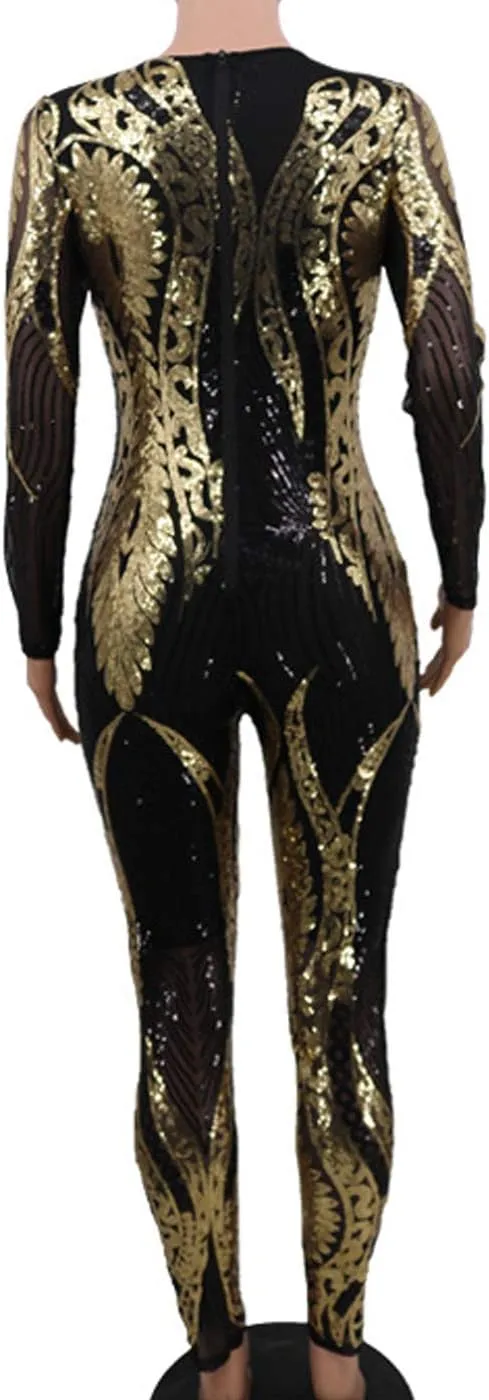 Cocoinsity Womens Skinny Jumpsuit Sequins Long Sleeve Rompers Paillette One Piece Jumpsuits