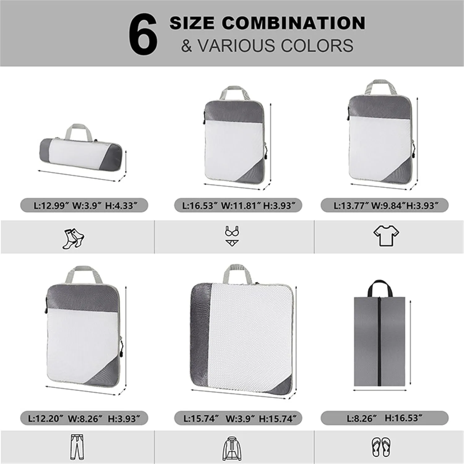Compression Packing Cubes, 6 Set Luggage Packing Organizers, Lightweight Travel Accessories Essentials Travel Bags for Women/Men (Grey)