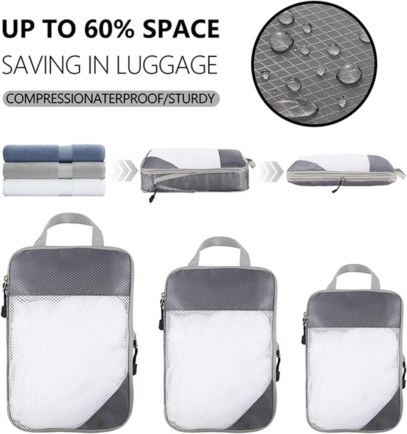 Compression Packing Cubes, 6 Set Luggage Packing Organizers, Lightweight Travel Accessories Essentials Travel Bags for Women/Men (Grey)