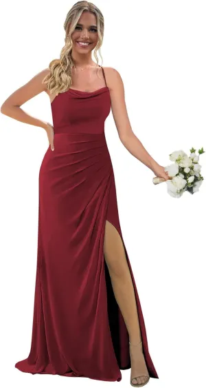 Cowl Neck Bridesmaid Dress for Women with Slit Spaghetti Strap Long Chiffon A Line Formal Evening Gown