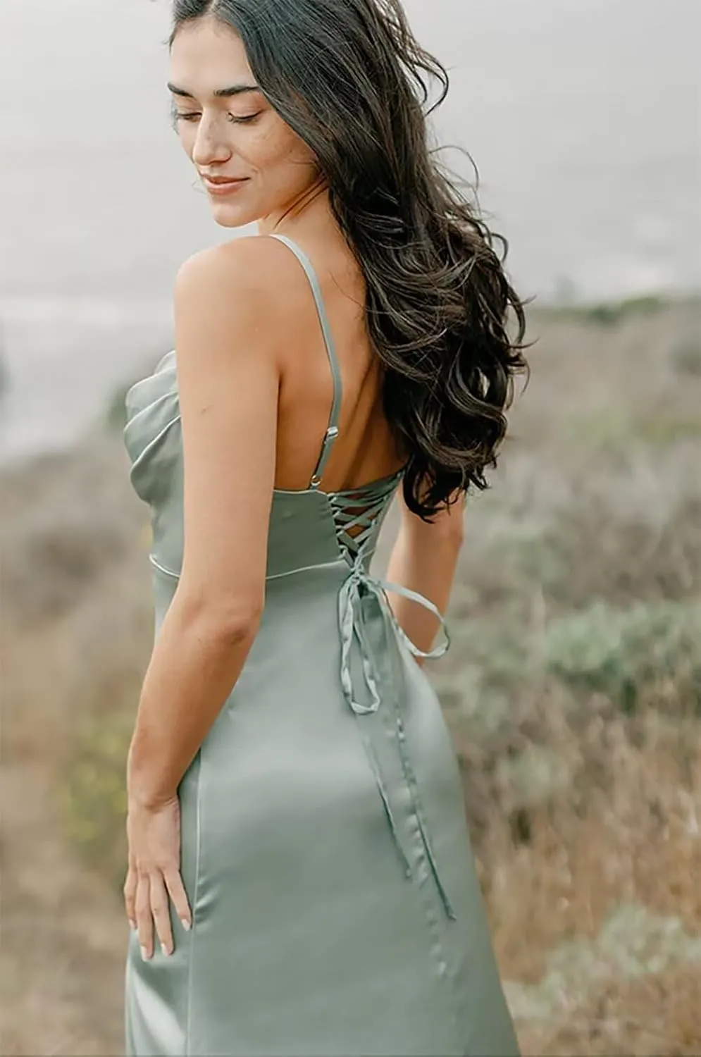Cowl Neck Satin Bridesmaid Dresses Long Mermaid Prom Dress for Women Formal Evening Gown with Slit