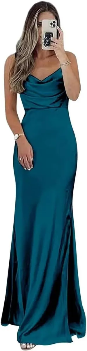 Cowl Neck Satin Bridesmaid Dresses Long Mermaid Prom Dress for Women Formal Evening Gown with Slit