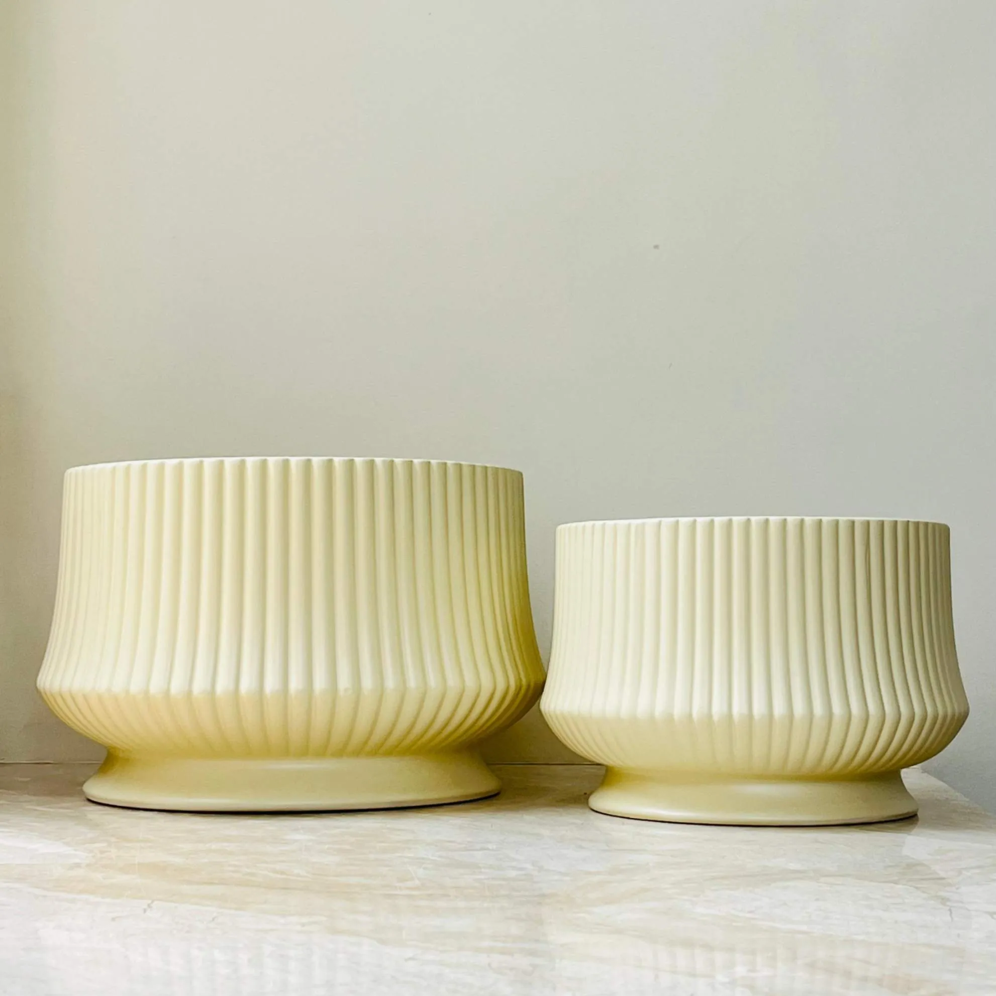Cream Ribbed Ceramic Planter Set Of 2 – Fluted Design Indoor Plant Pots