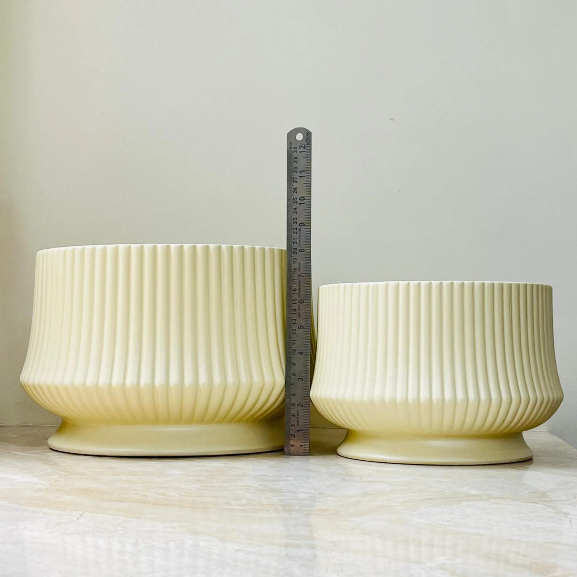 Cream Ribbed Ceramic Planter Set Of 2 – Fluted Design Indoor Plant Pots