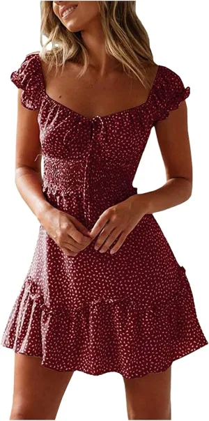 Cute Dresses for Women Ruffle Sleeve Sweetheart Neckline Printing Dress Elastic High Waist A-line Mini Sundress