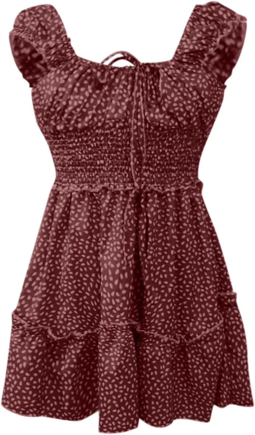 Cute Dresses for Women Ruffle Sleeve Sweetheart Neckline Printing Dress Elastic High Waist A-line Mini Sundress