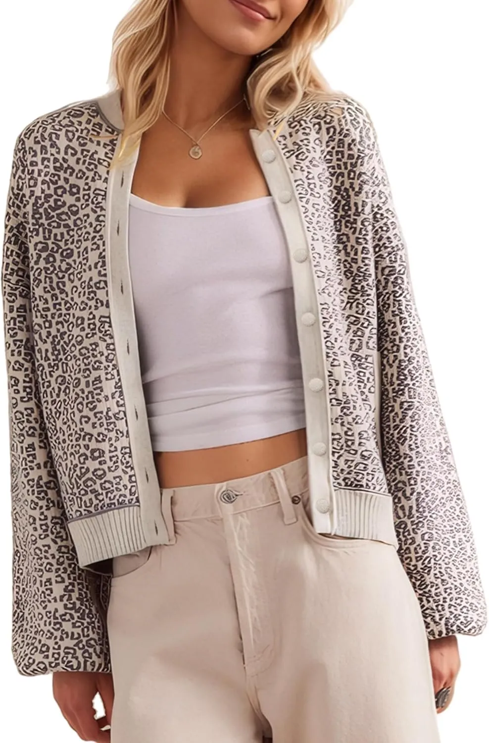 D-Sun Women Casual Leopard Printed Cardigan Button Down Long Sleeves Crewneck Sweater Open Front Cheetah Printed Cardigan
