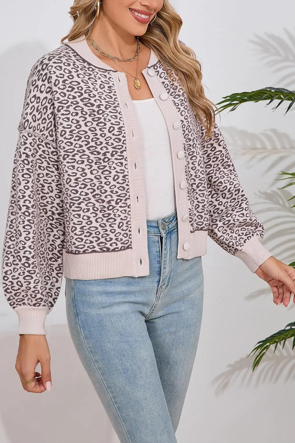 D-Sun Women Casual Leopard Printed Cardigan Button Down Long Sleeves Crewneck Sweater Open Front Cheetah Printed Cardigan