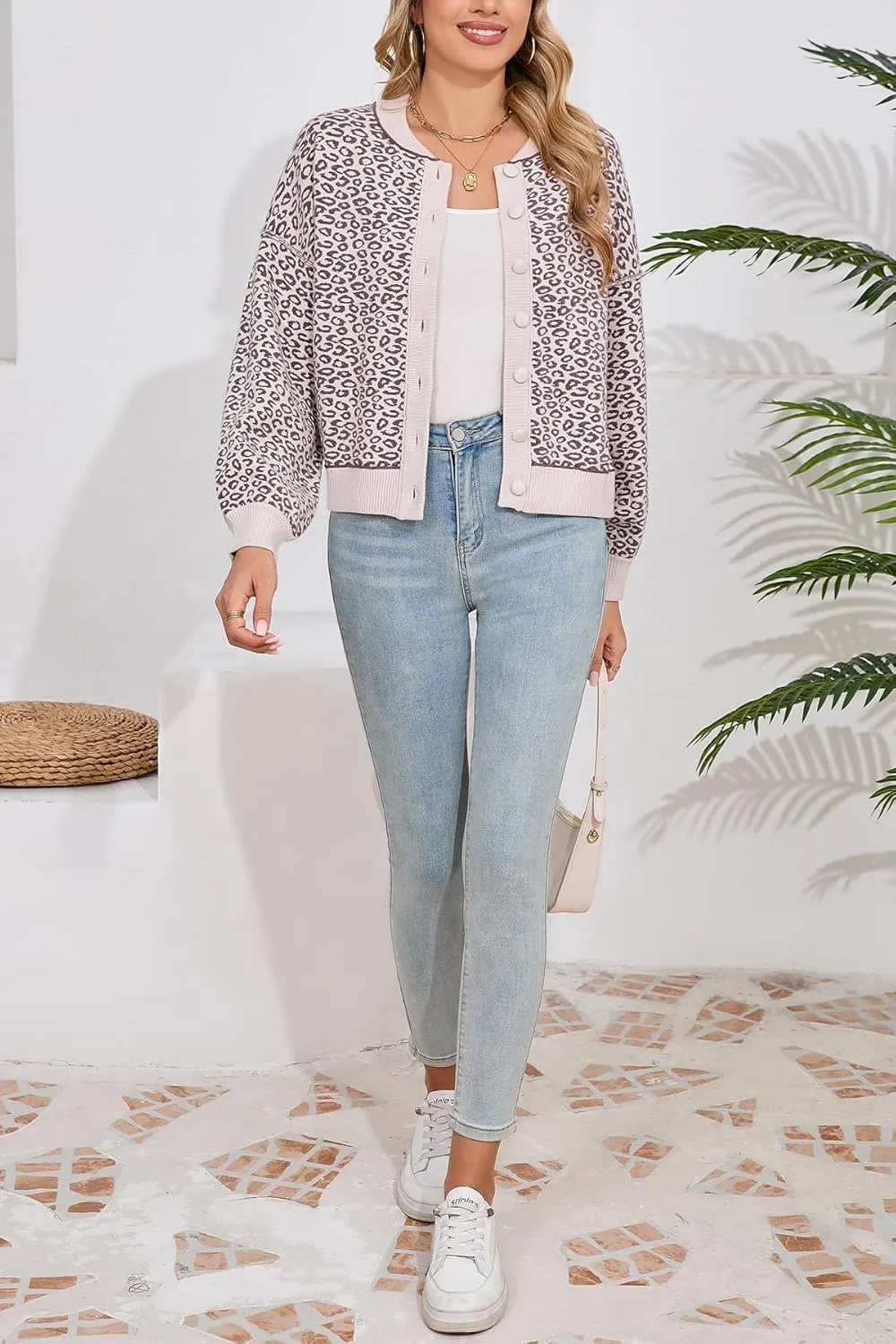 D-Sun Women Casual Leopard Printed Cardigan Button Down Long Sleeves Crewneck Sweater Open Front Cheetah Printed Cardigan