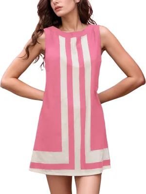 Daacee Womens Boho Color Block Mini Dress Casual Summer Flowy Sleeveless Striped Dresses Beach Tank Sundress Coverups