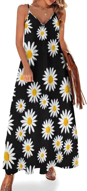 Daisy Pink Print Suspender Dresses Womens Sexy Ankle Length Halter Dress Sleeveless Casual Slip Dress Flowy