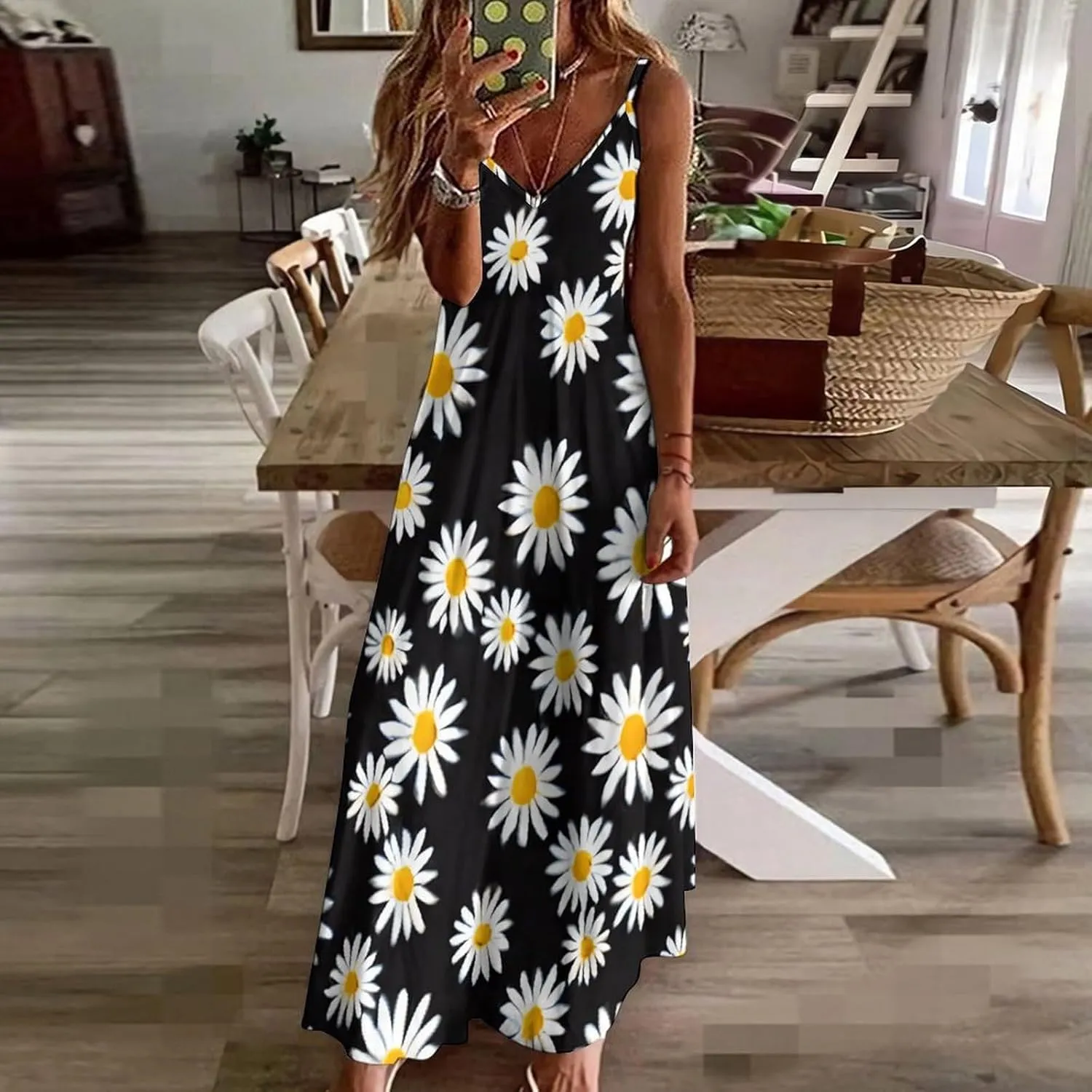 Daisy Pink Print Suspender Dresses Womens Sexy Ankle Length Halter Dress Sleeveless Casual Slip Dress Flowy