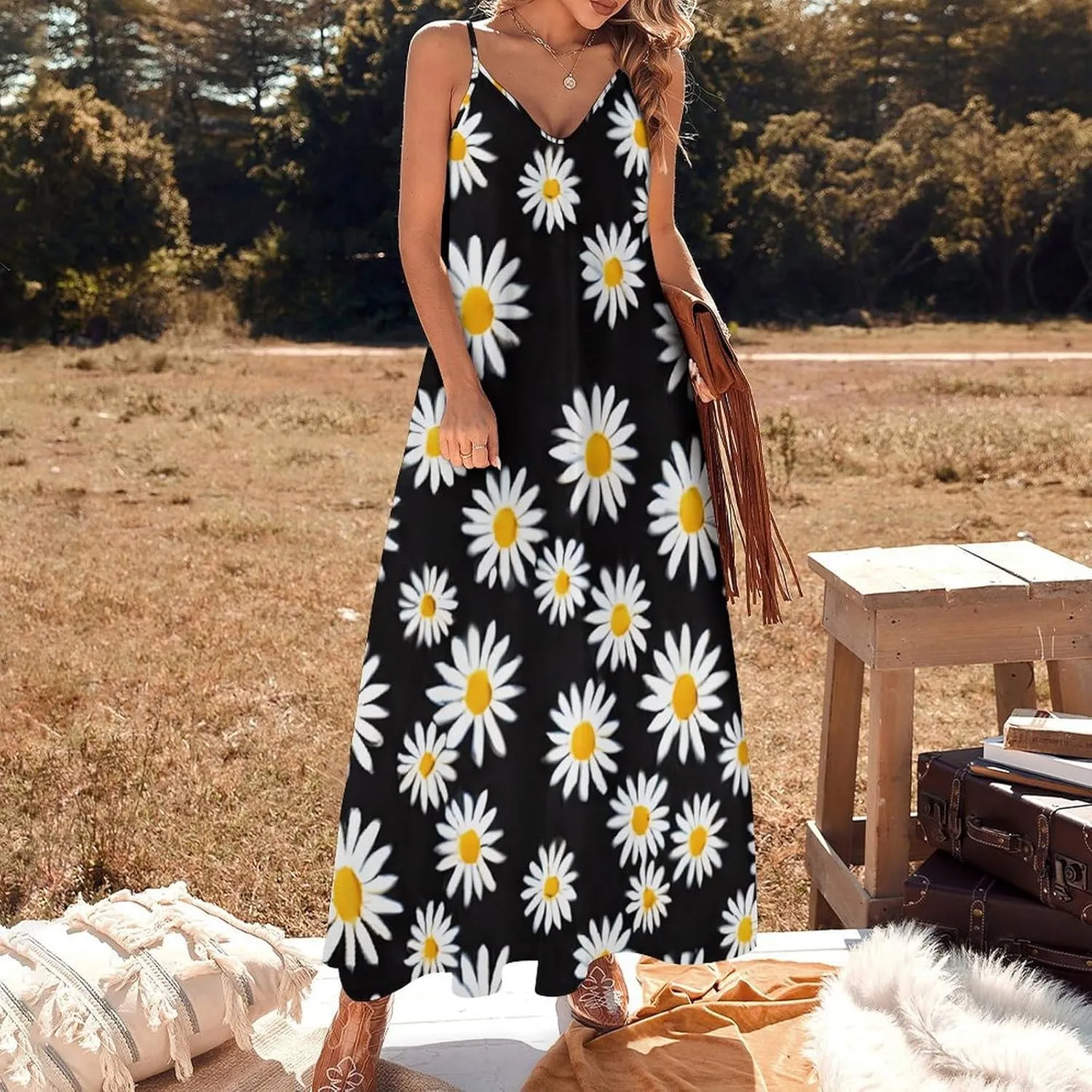 Daisy Pink Print Suspender Dresses Womens Sexy Ankle Length Halter Dress Sleeveless Casual Slip Dress Flowy