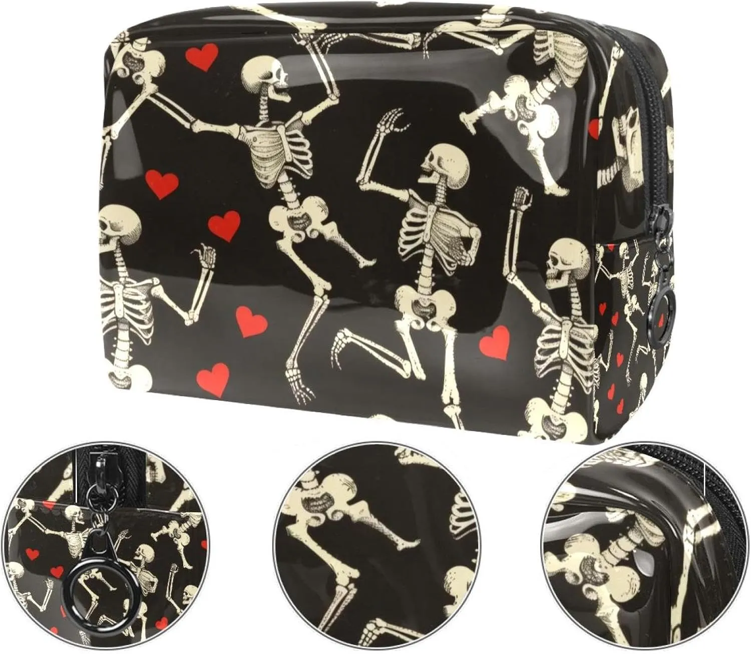 Dancing Skeleton Hearts Cosmetic Bags, Portable Travel Makeup Bags with Zipper, PVC Cosmetic Pouch Small Toiletry Bag Organizer Bags