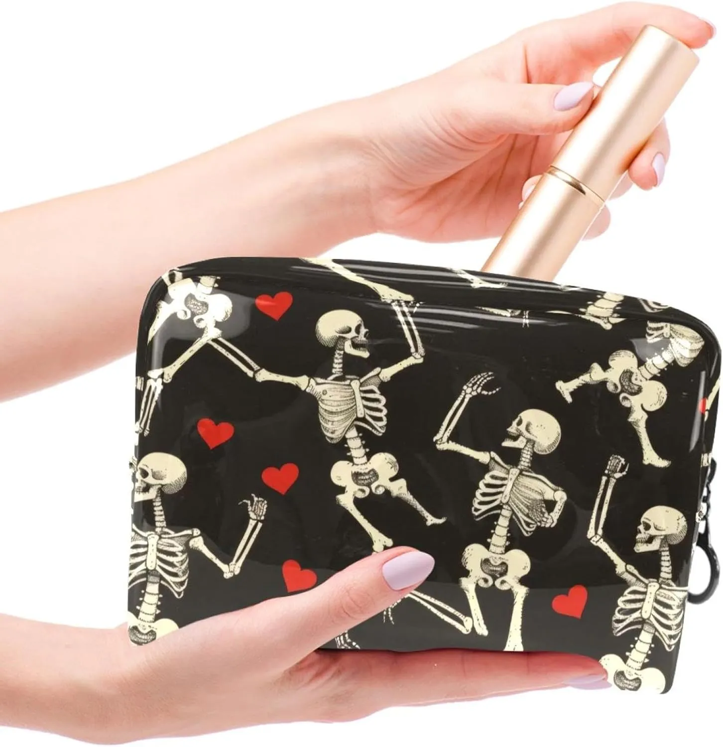 Dancing Skeleton Hearts Cosmetic Bags, Portable Travel Makeup Bags with Zipper, PVC Cosmetic Pouch Small Toiletry Bag Organizer Bags