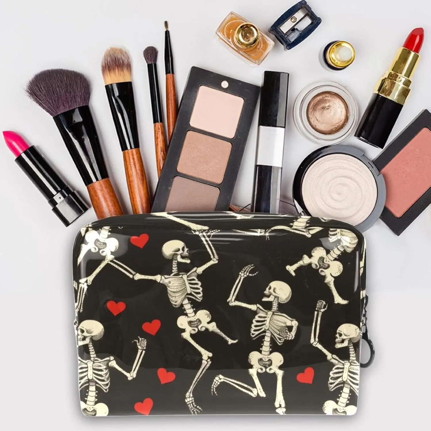 Dancing Skeleton Hearts Cosmetic Bags, Portable Travel Makeup Bags with Zipper, PVC Cosmetic Pouch Small Toiletry Bag Organizer Bags