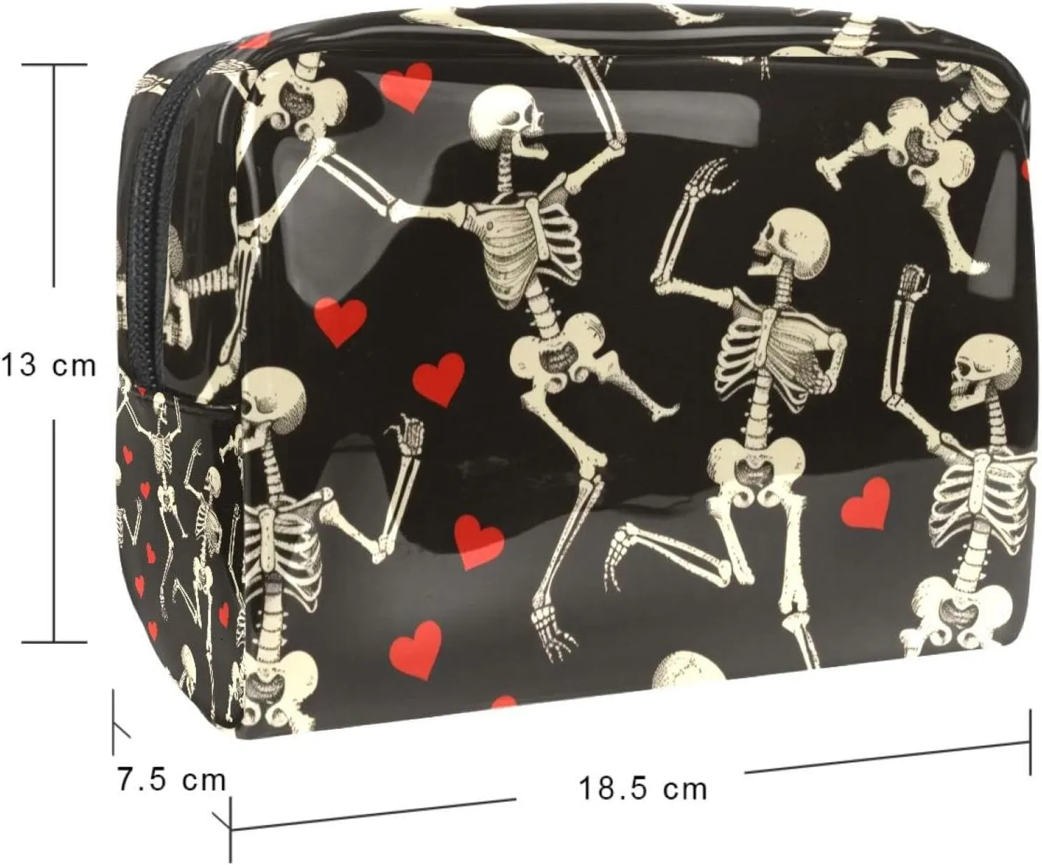 Dancing Skeleton Hearts Cosmetic Bags, Portable Travel Makeup Bags with Zipper, PVC Cosmetic Pouch Small Toiletry Bag Organizer Bags