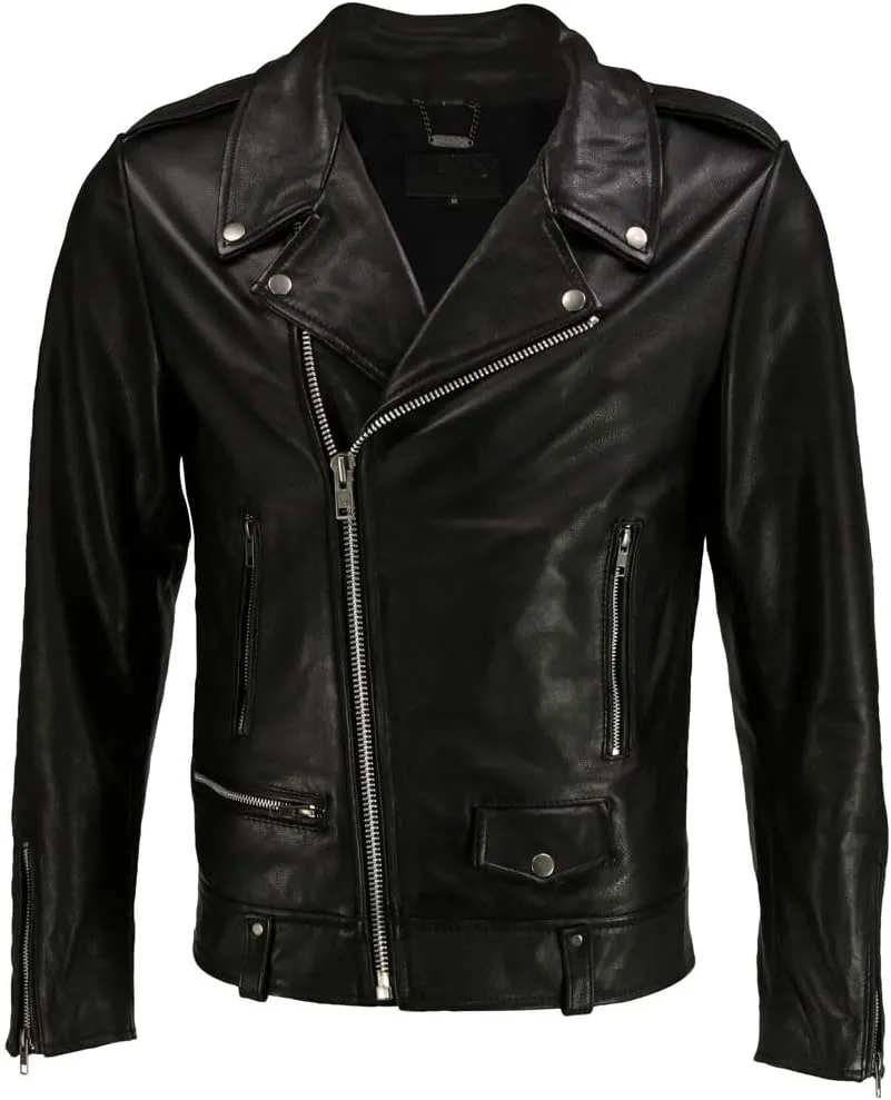 DECIMAL Men's Black Genuine Lambskin Leather Biker Jacket VINTAGE REAL BROWN MOTORCYCLE JACKETS FOR MEN (US, Alpha, Small, Regular, Regular, BLACK R)