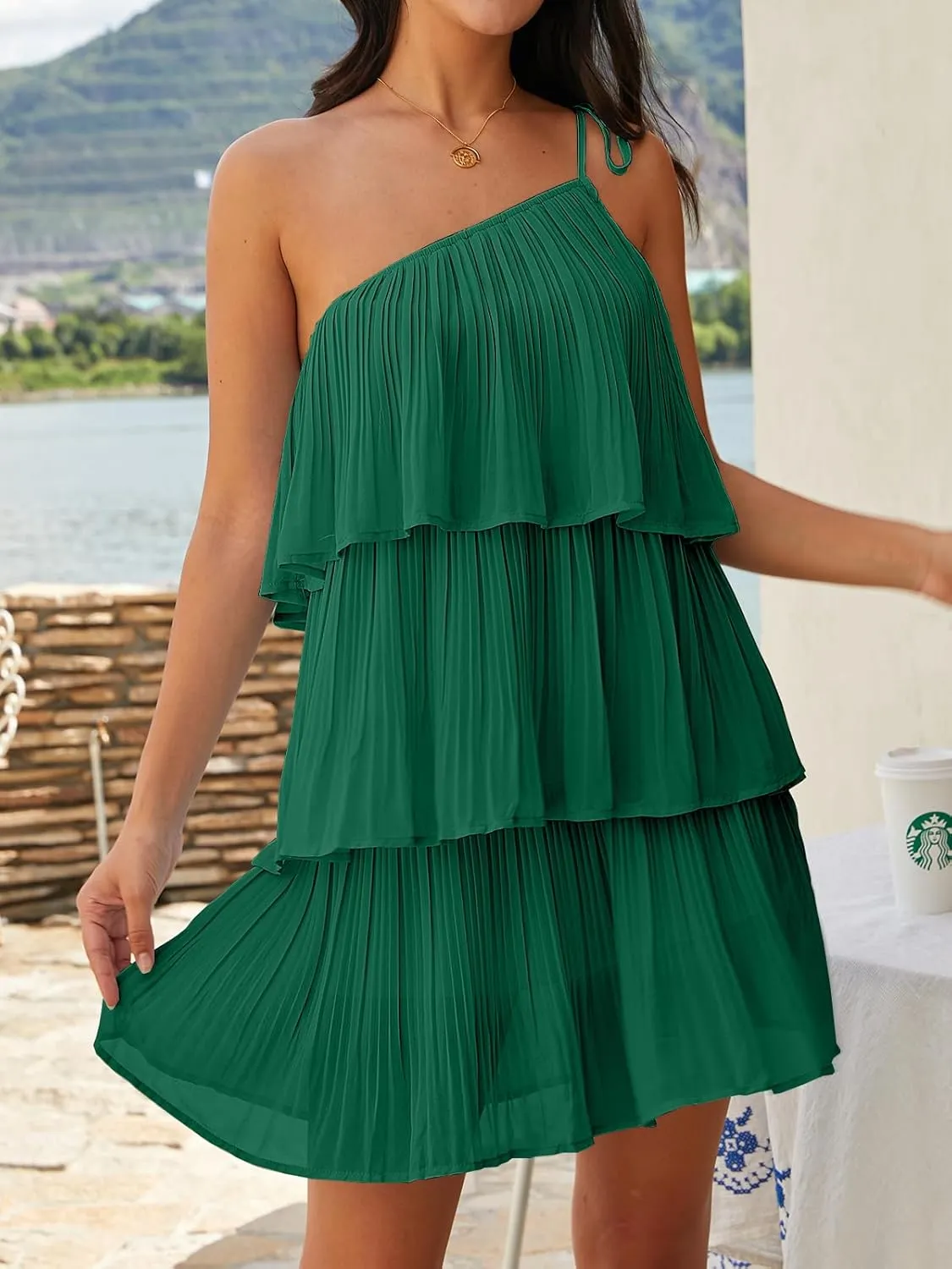 DEEP SELF Women's Summer One Shoulder Ruffle Mini Dress Casual Tiered Chiffon Pleated Flowy Short Dresses